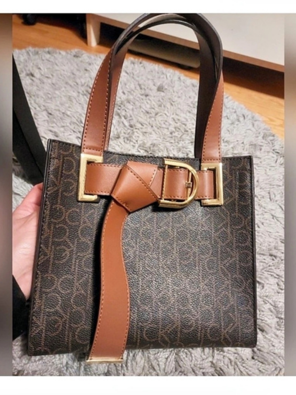 Calvin Klein Buckle Medium Work Tote Brown & Black